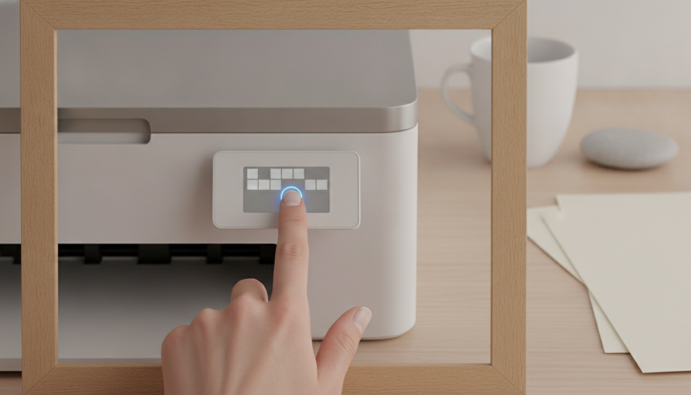 Un ordinateur portable, un routeur et une imprimante Wi‑Fi posés sur un bureau, avec des câbles et des étiquettes visibles.