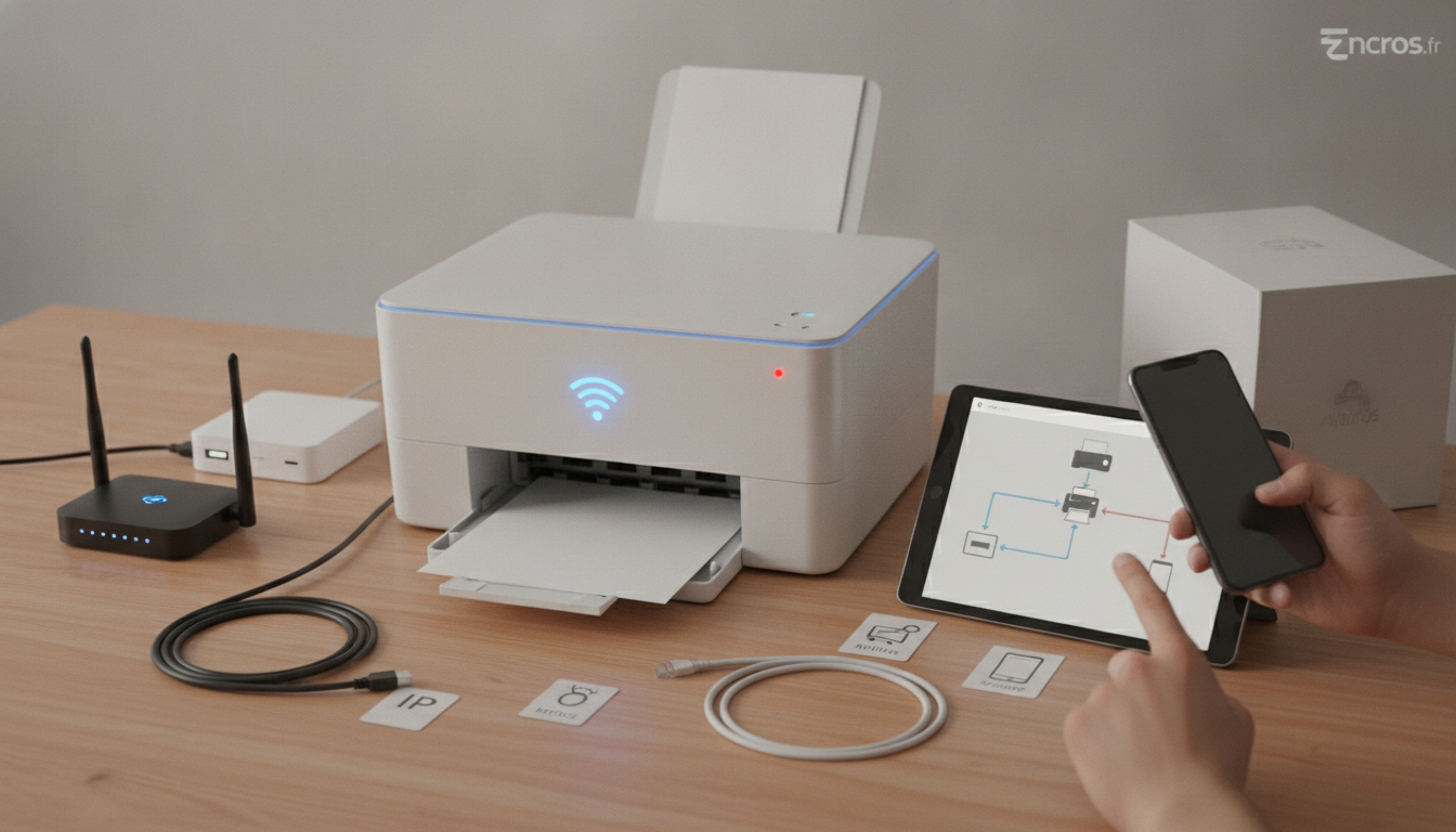 Imprimante connectée au réseau sur un bureau, routeur à proximité et smartphone affichant les paramètres réseau