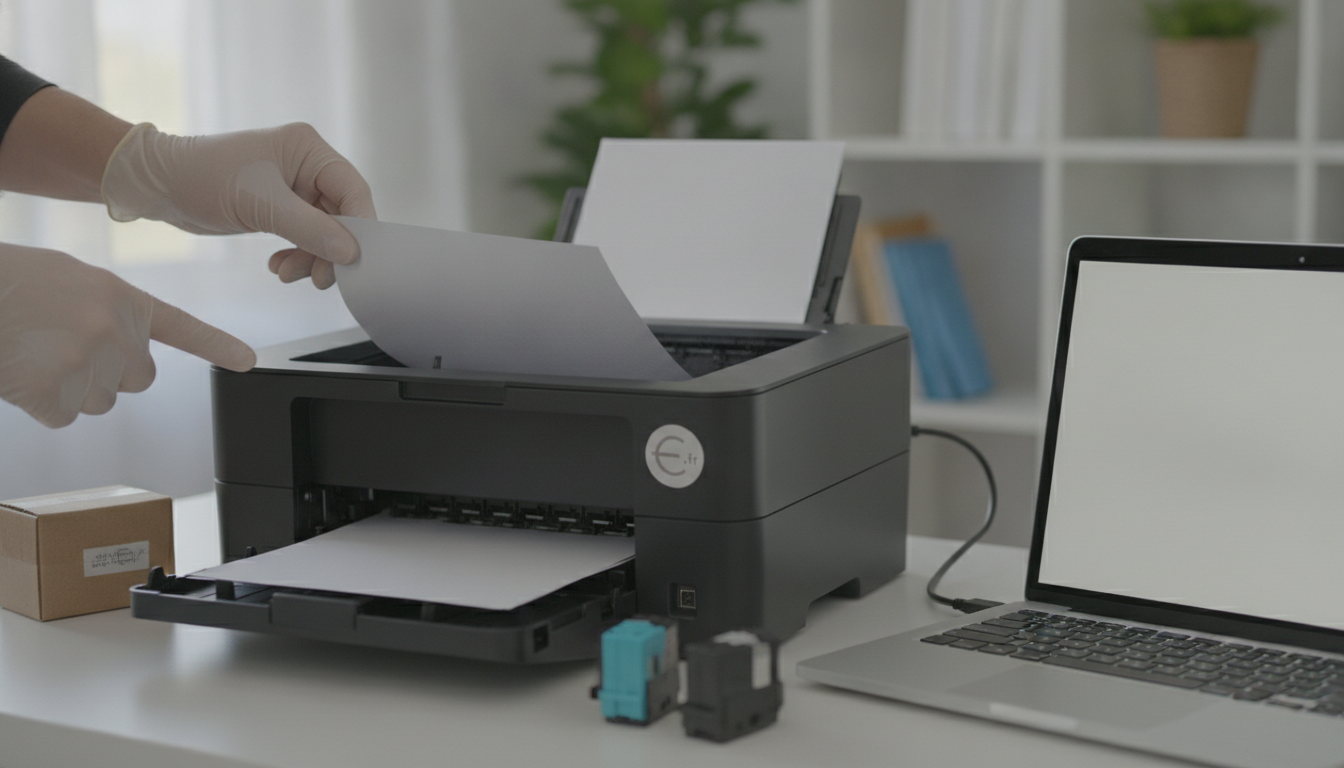 Imprimante sur un bureau, écran lumineux et voyants visibles, main qui consulte un bac à papier et une trousse de consommables à côté d’un carnet de vérification.