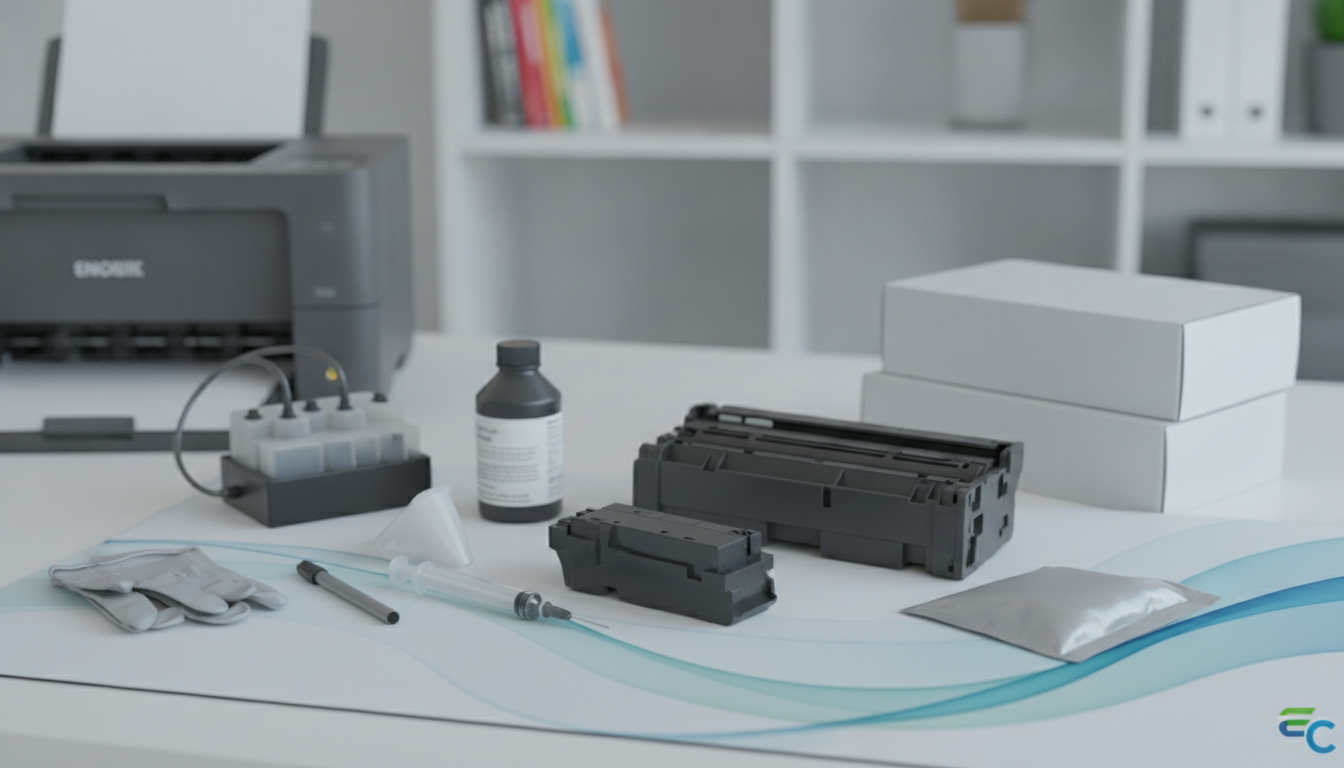 Cartouche de toner et outils alignés sur une surface, prêt pour recharge