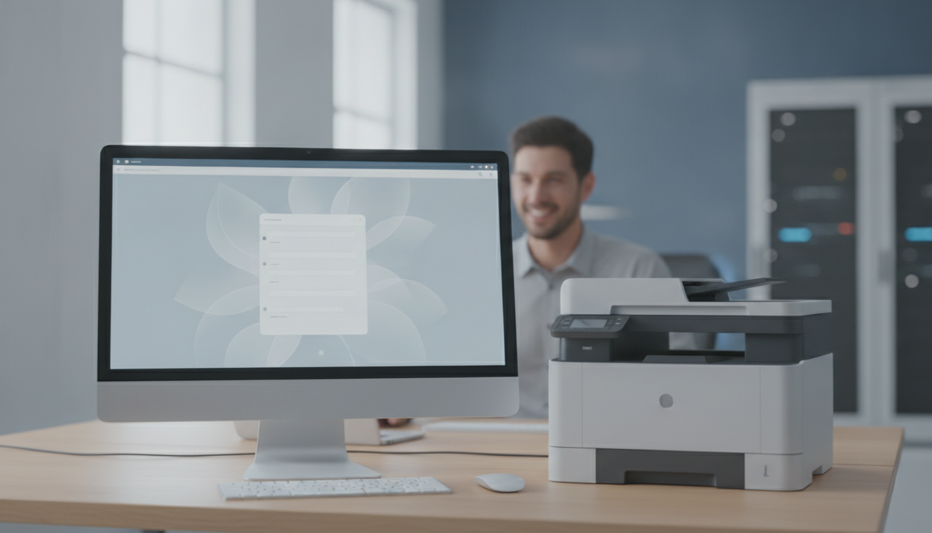 Bureau IT avec écran montrant une interface de support et une imprimante, signe d’un diagnostic guidé par IA sans intervention matérielle.
