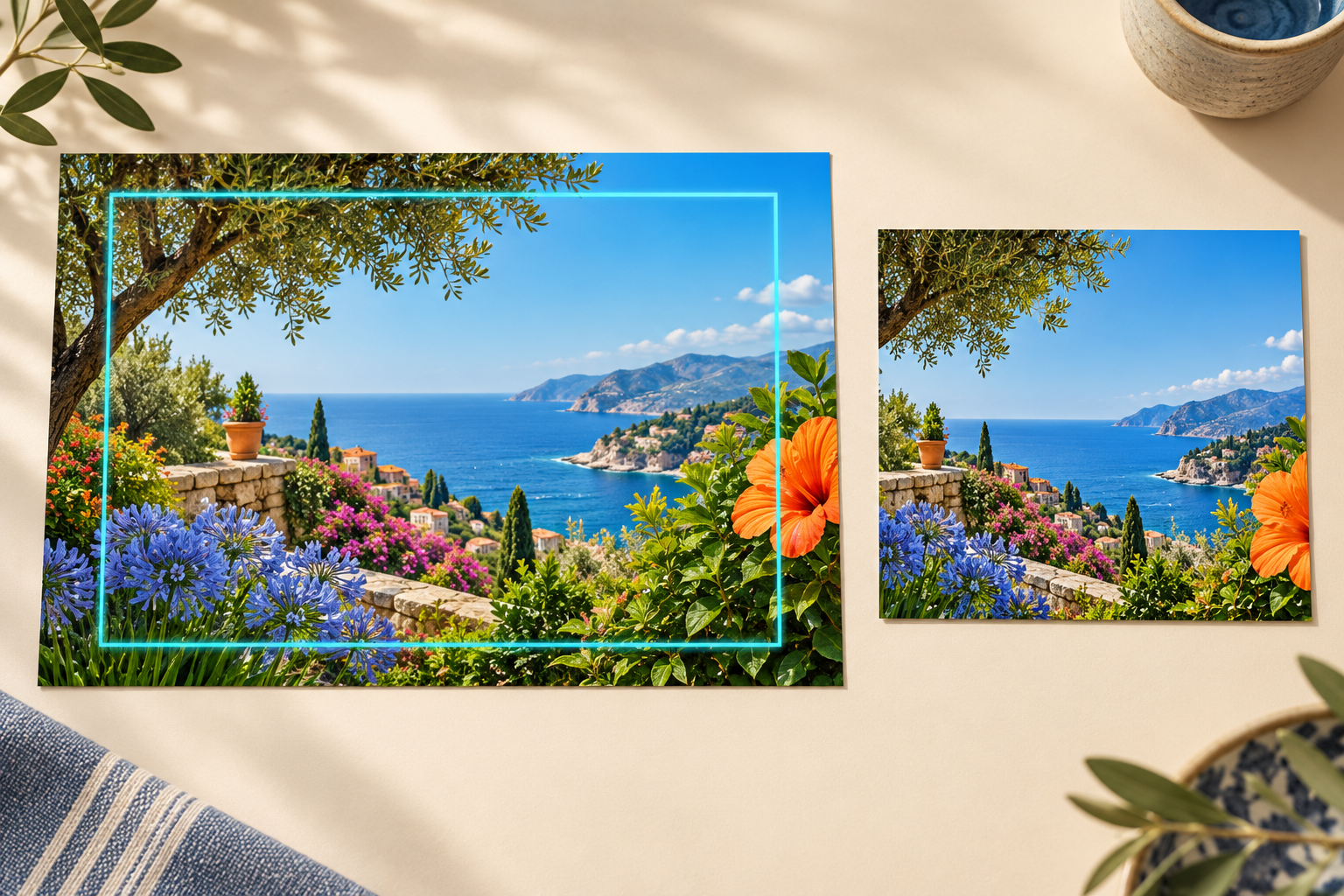 Illustration conceptuelle montrant une photo de jardin et sa fleur de bord partiellement coupée sur un tirage sans bordure