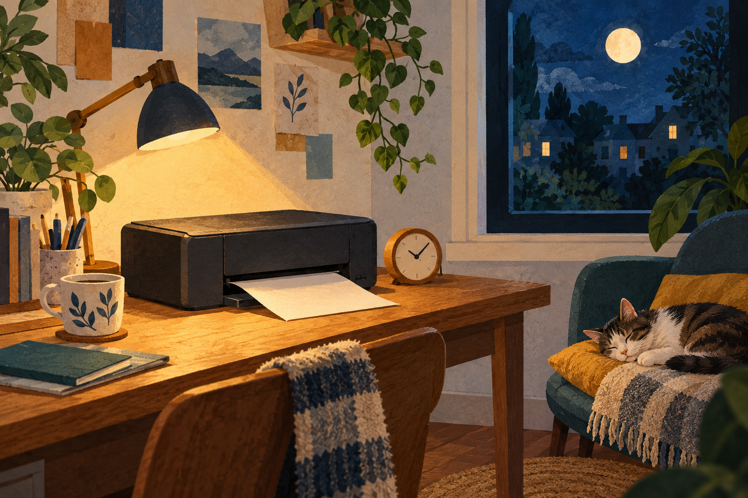 Illustration d’une imprimante générique dans un bureau calme la nuit avec un chat endormi à distance