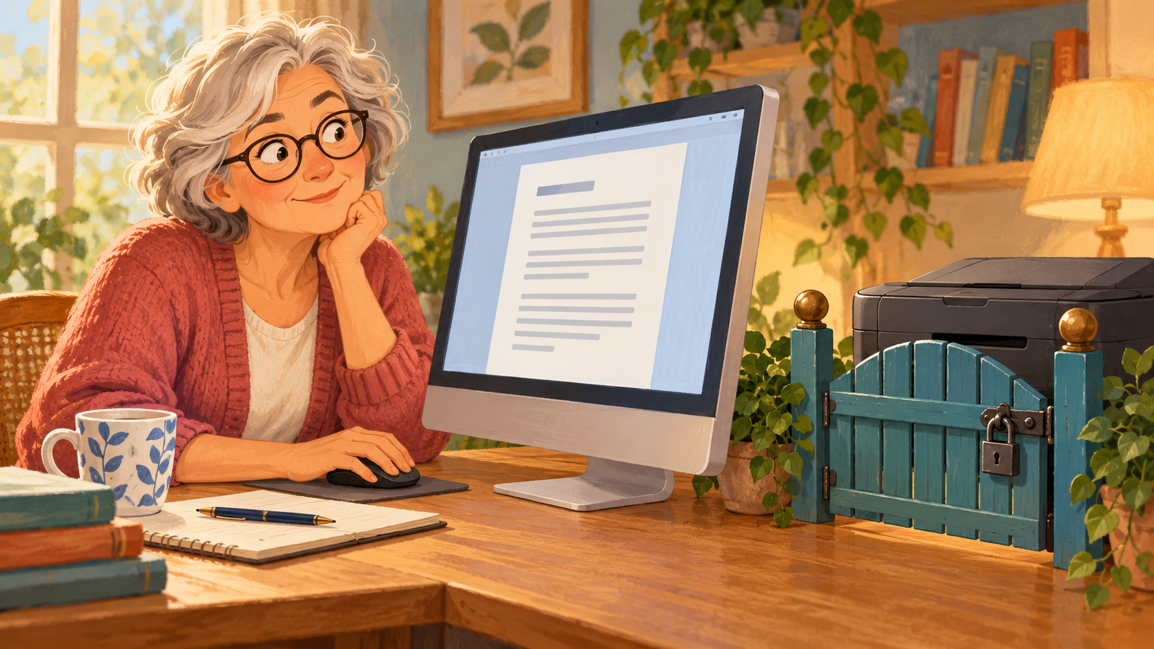 Illustration conceptuelle d’une lectrice devant un document visible sur un écran imaginaire, alors que la sortie papier est représentée par une petite porte fermée
