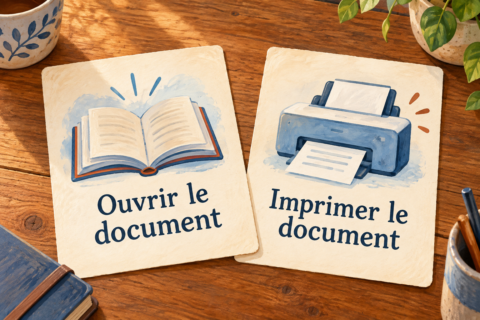 Deux cartes dessinées distinguent Ouvrir le document et Imprimer le document, sans interface de logiciel