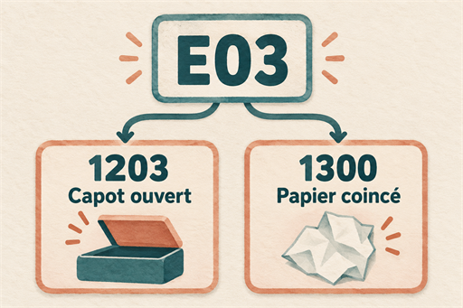 Schéma conceptuel reliant E03 à deux cartes distinctes : 1203, capot ouvert, et 1300, papier coincé