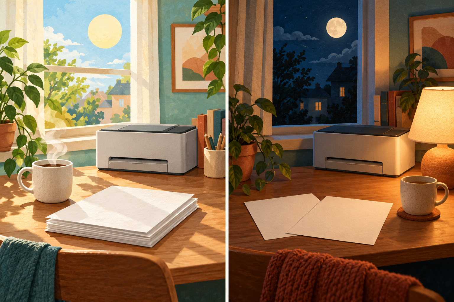 Illustration de deux bureaux, l’un de jour avec un dossier et l’autre le soir avec deux feuilles
