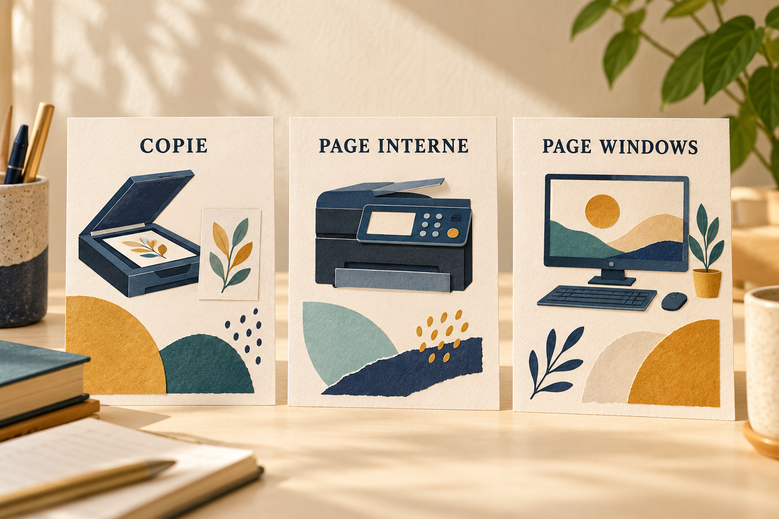 Trois cartes illustrées distinguent copie, page interne et page Windows sans conclure à une cause de panne